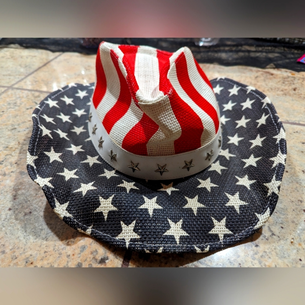 Peter Grimm American Flag Cowboy Hat Straw Woven Red White Blue Patriotic USA